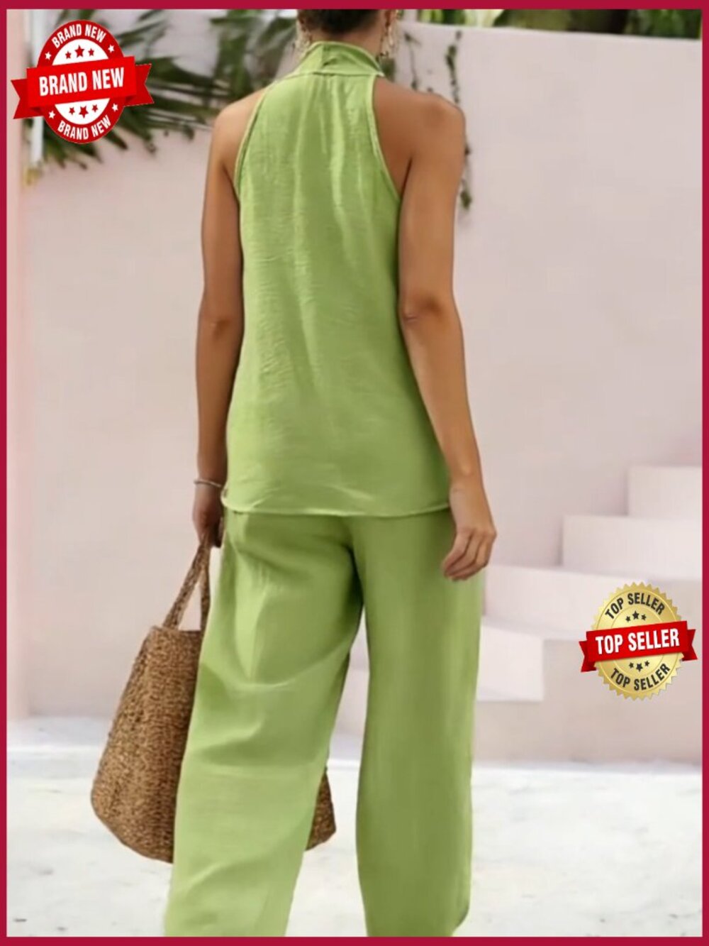 Linen 2 Piece Sleeveless V Neck Halter Top Wide Leg Pants Summer Lounge Set - Picture 6 of 6